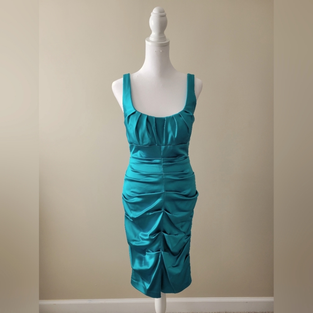 Cache Teal Green Satin Rouched Body Con Party Dress - Size 10
